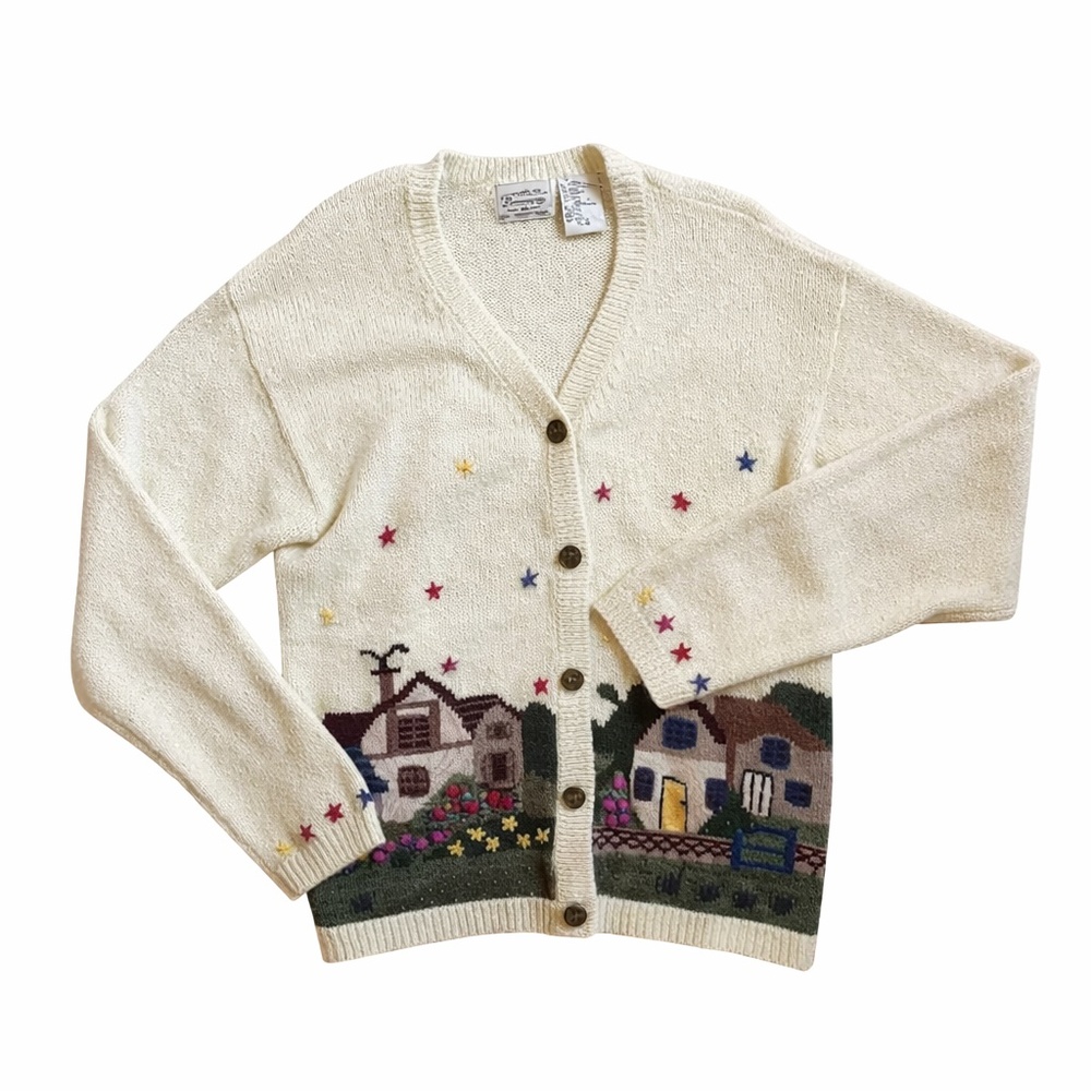 Vintage cottagecore embroidered cottage floral knit cardigan sweater ivory